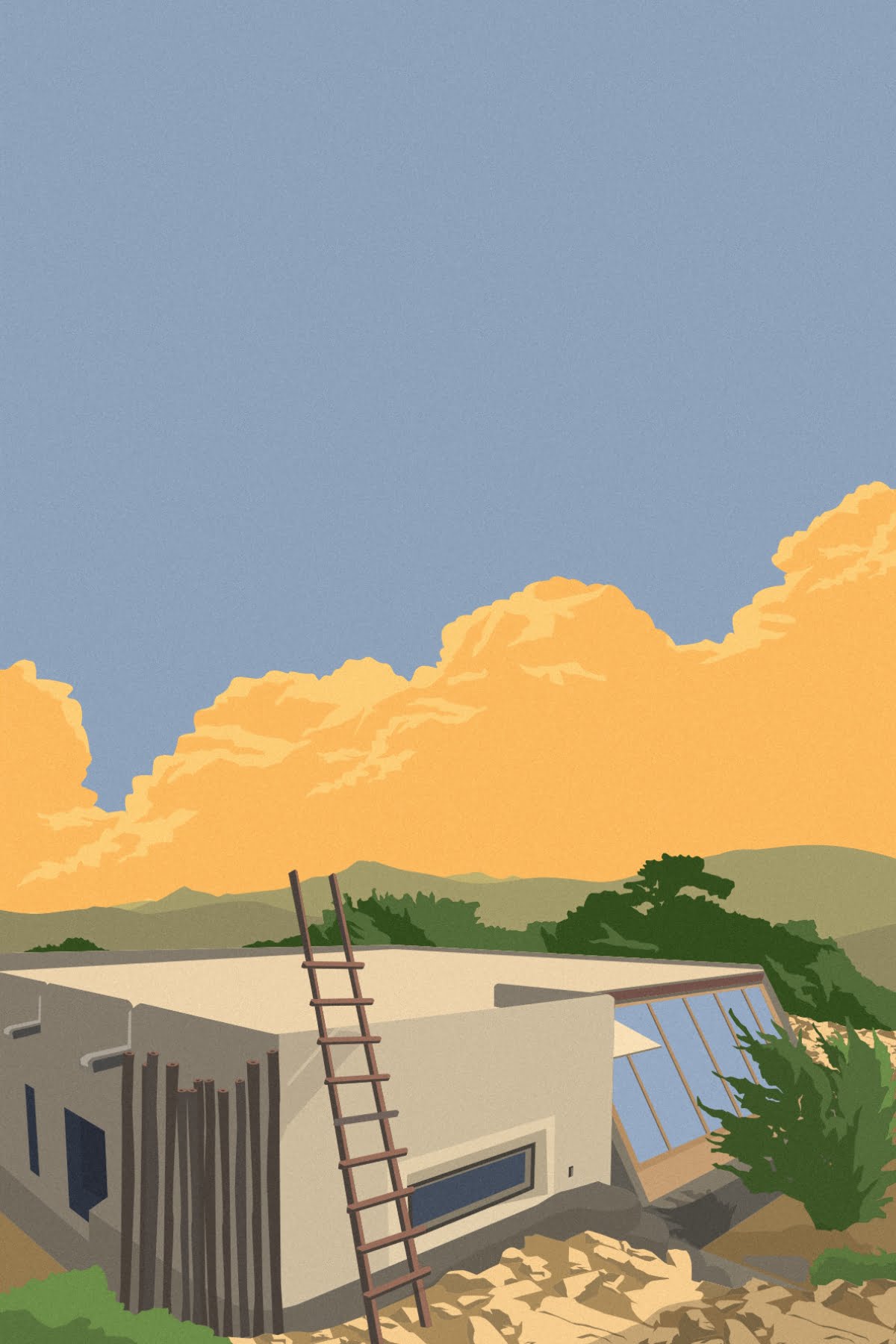 Retro drawing of a eartship home with slanted glass windows, a rustic wood ladder, and clouds in the background.